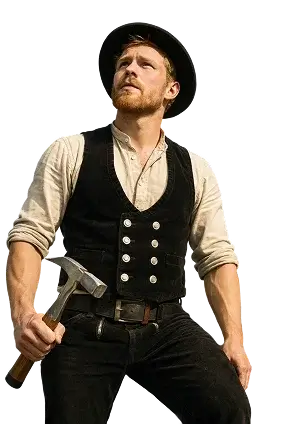 Handwerker mit Hammer mit blickt nach oben